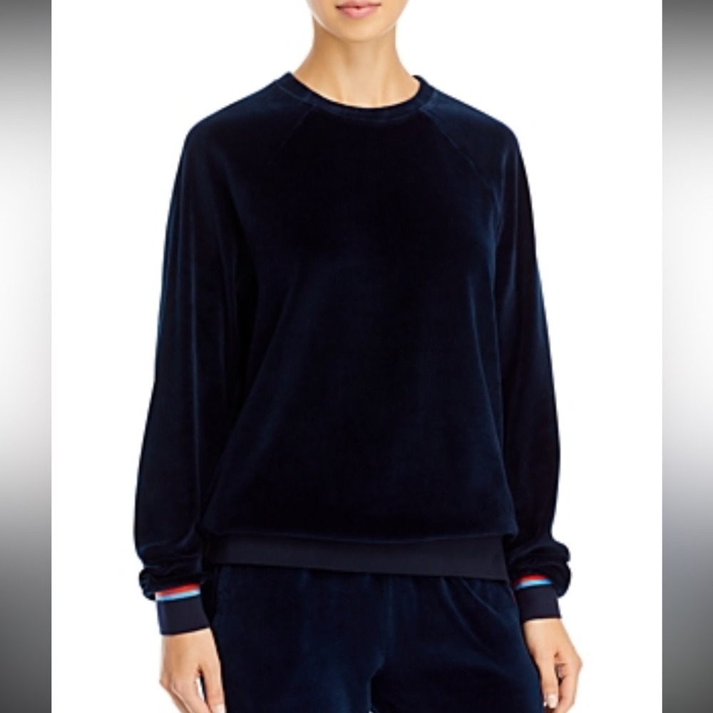 KULE The Velour Franny Sweater In Navy with Stripe Cuffs